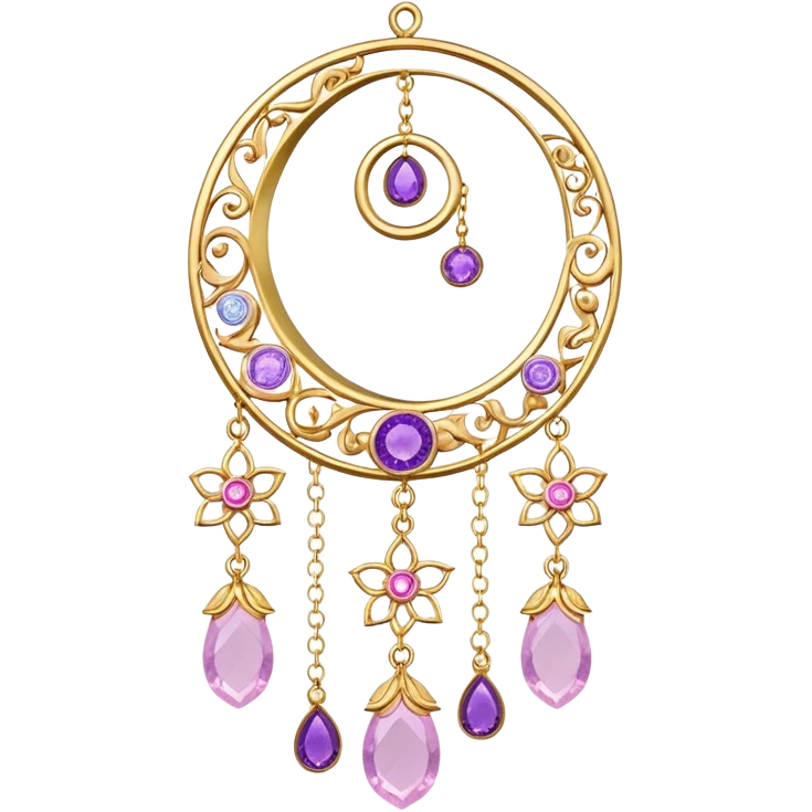 Epic Hanging gold suncatcher, threads with shiny sparkly amethyst and rose-quartz gemstones, flowers, crescents-moons emoji