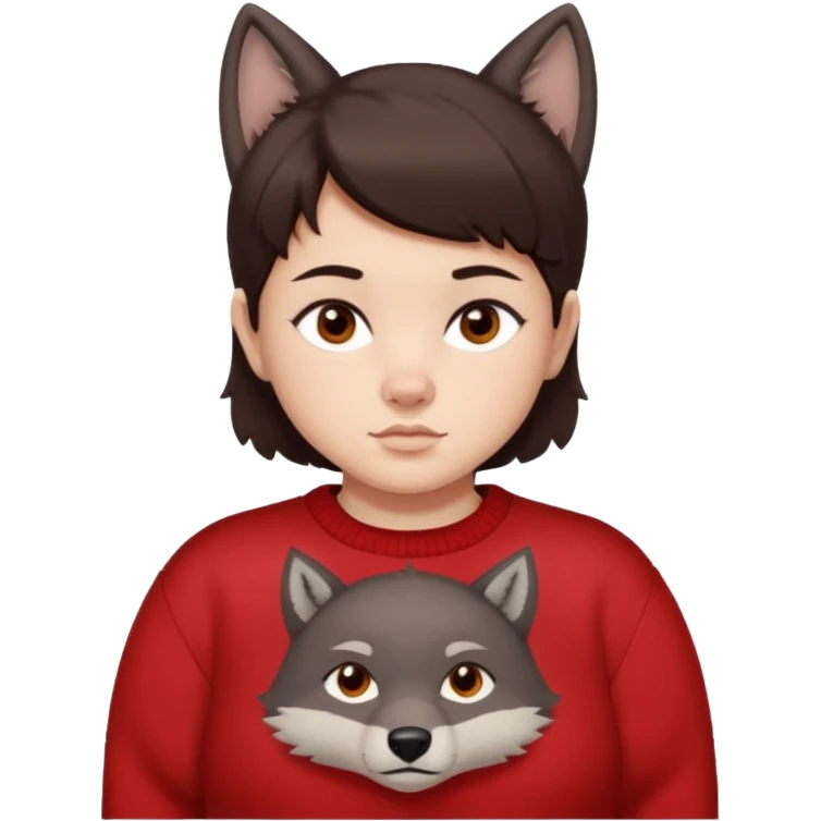 make a girl that has a boyish wolf cut thats right above the shoulders, give her a red sweater that says “ About you, the 1975 “ and make her face just right chubby but slso not too chubby. ( make it a white background and make the hair dark brown and also the eyes dark brown ) emoji
