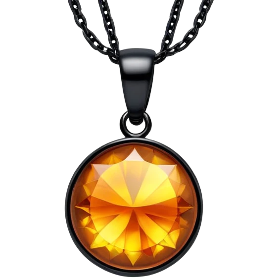 extreme close up of a round cut holographic amber charm with black bail and black chain emoji