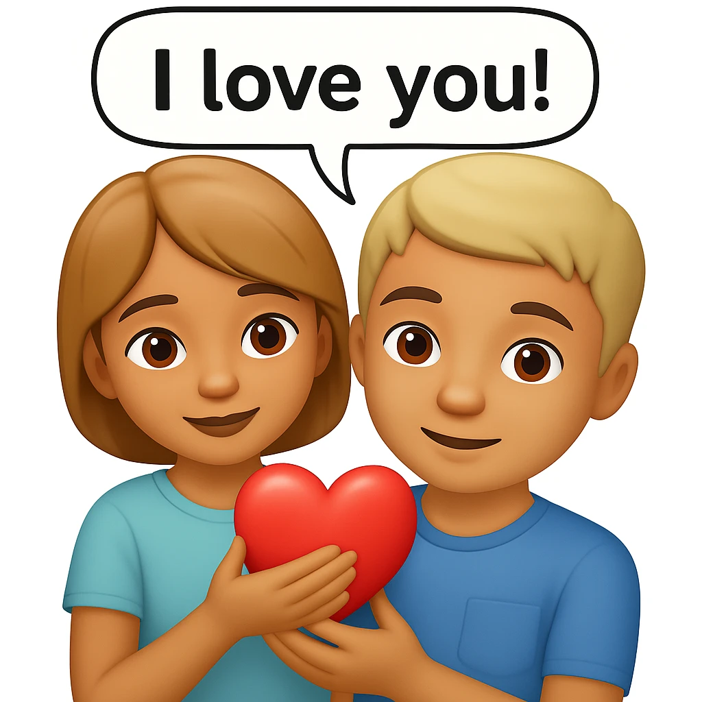 Add a speech bubble with the greeting 'I love you!' to the image, keeping the emoji style happy and affectionate emoji