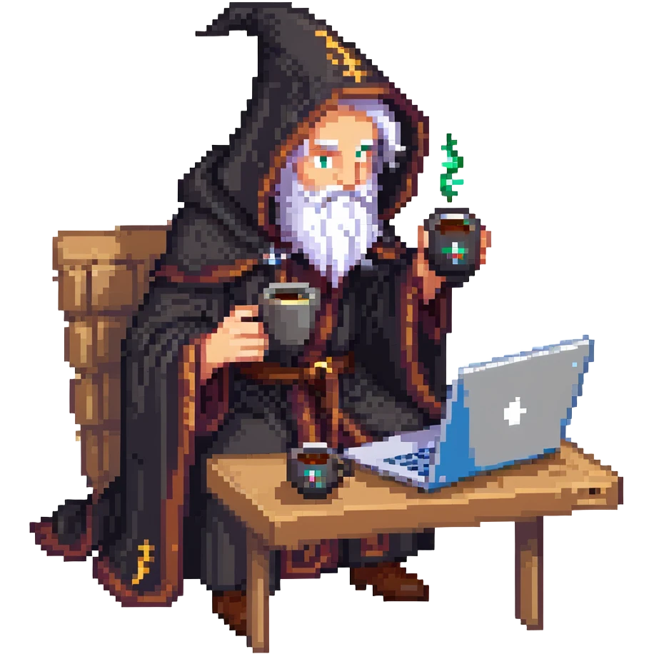 classic wizard upper body coding on a laptop, wearing dark robe, drinking coffee emoji