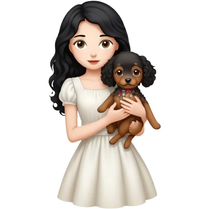 A beautiful girl with long black hair in a white dress holds a small brown curly-haired dog emoji