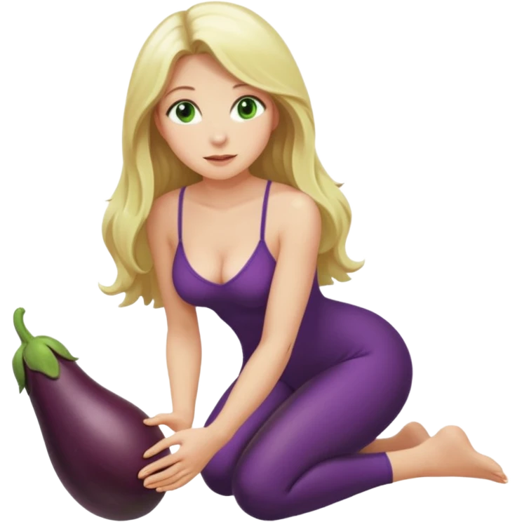 Naked woman tits out long blonde hair green eyes full body no clothing kneeling eggplant in hand emoji