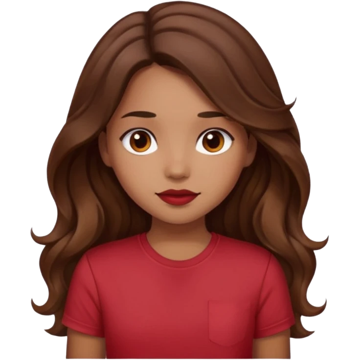 Very light brown girl with long wavy brunette hair and blush, wearing dark red tshirt emoji