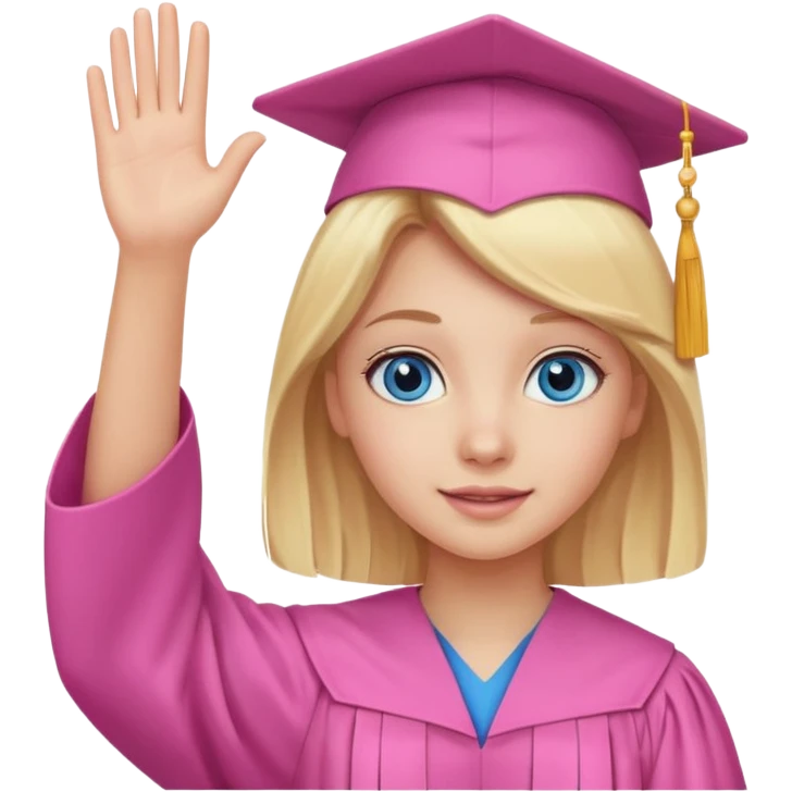 blue eyed blonde girl in pink graduation attire, waving, festive background emoji