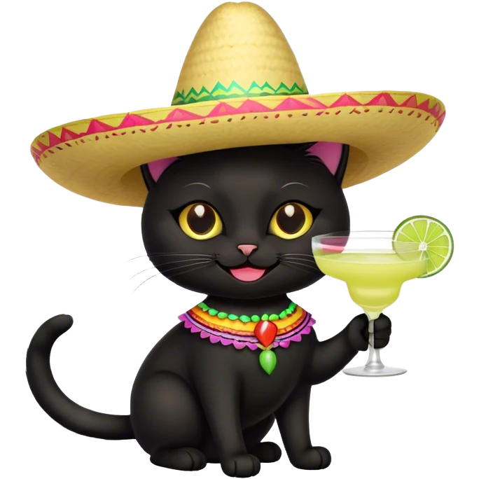 black cat wearing sombrero smiling with margarita in hand emoji