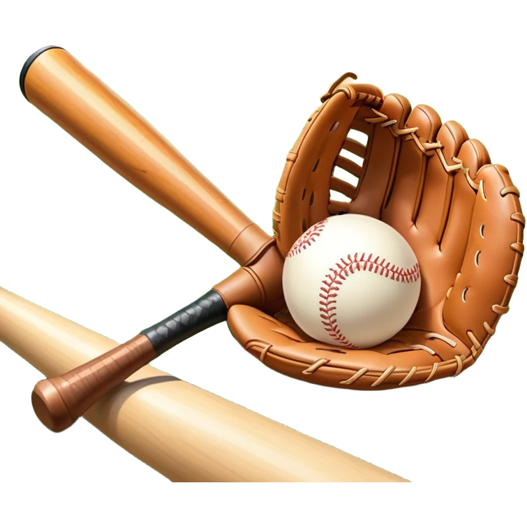 A baseball bat, ball, and glove resting on the ground, set against the backdrop of a baseball field. The scene captures the iconic equipment of the sport, with the field in the distance and a bright sky above, evoking the spirit of the game. emoji