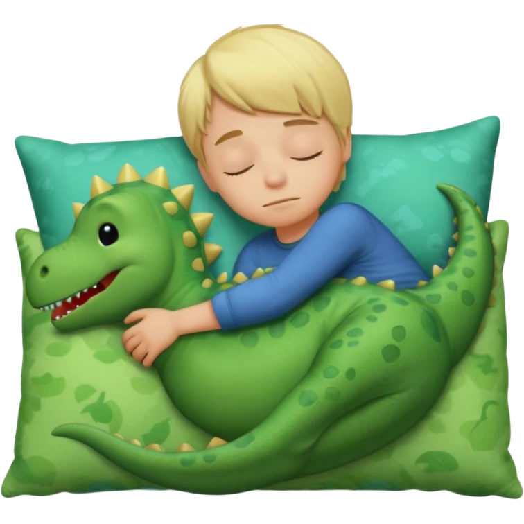 Blond boy sleeping with green pillow with dinosaur emoji