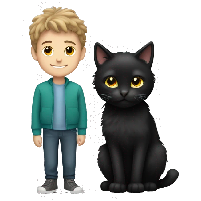 Fluffy black cat with Caucasian boy emoji