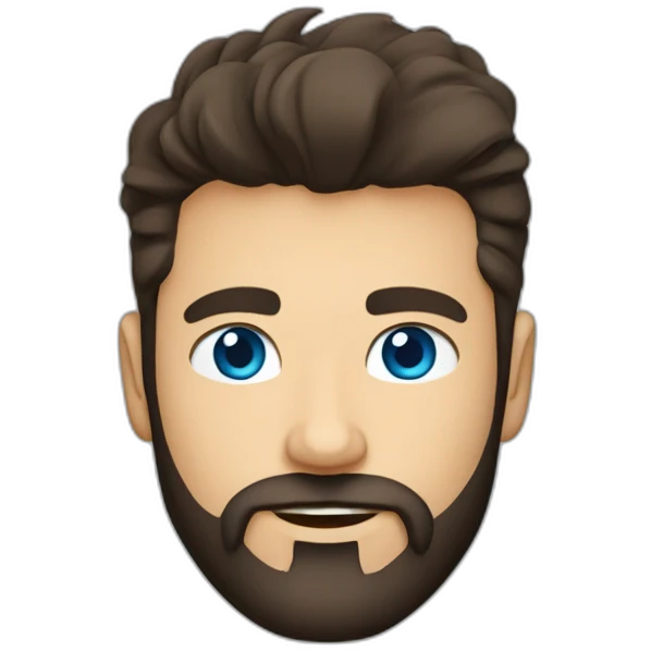 White man with a sun kissed tan and blue eyes. His hair is dark brown, styled sideways backwards. He has a beard and mustache trimmed. Wears s black t-shirt. emoji