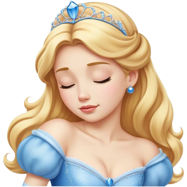 Cinematic Realistic Sleeping Cinderella Portrait, portrayed with exceptional realism: her luminous porcelain skin and exquisitely detailed golden-blonde hair lie softly under the gentle caress of natural light. Her eyes are peacefully closed in a serene, dreamlike slumber, and every fold and shimmer of her iconic ball gown is rendered with painstaking detail. The overall composition radiates a quiet, enchanting glow that encapsulates the timeless, restful beauty of a princess lost in a gentle, magical dream. emoji