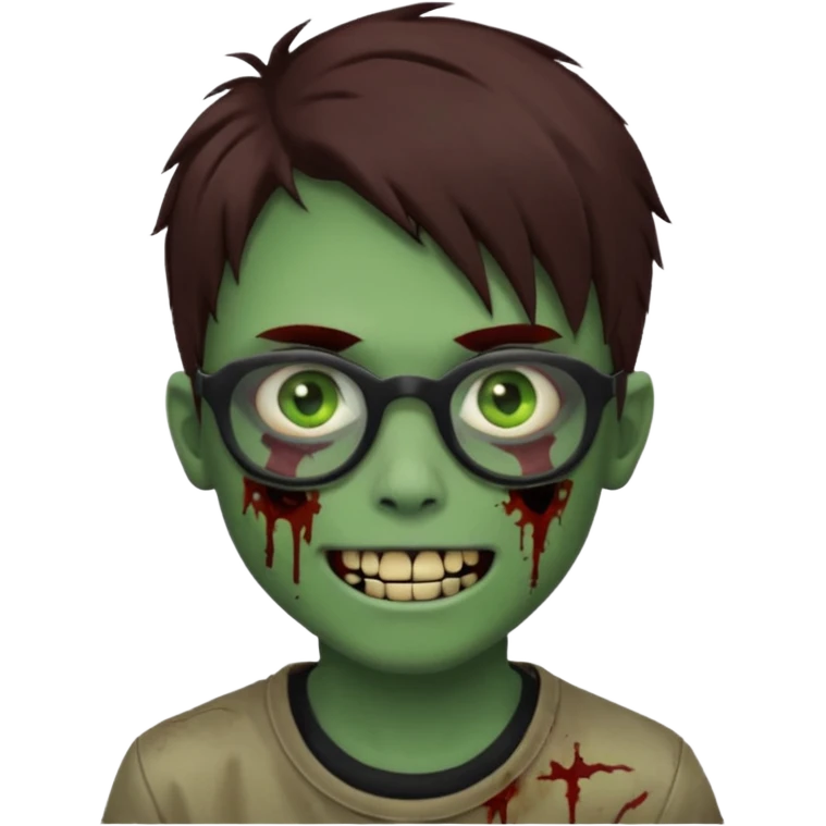 Zombie emo boy, green skin and brown hair, black glasses and a scary smile, scars and blood under eyes emoji