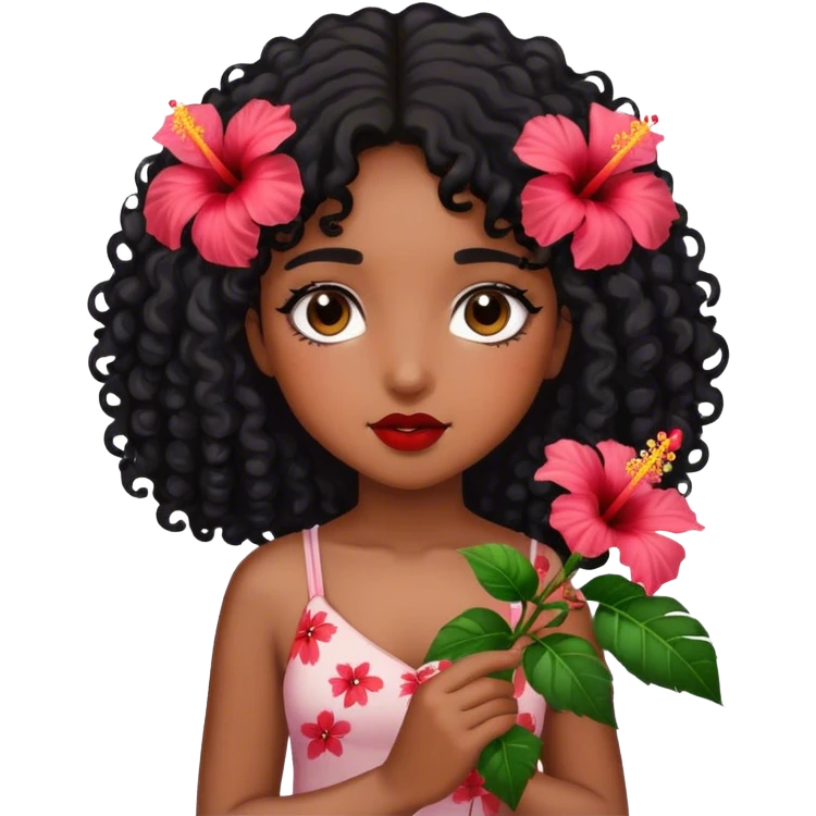 Girl with brown skin with black curly hair holding hibiscus flowers emoji
