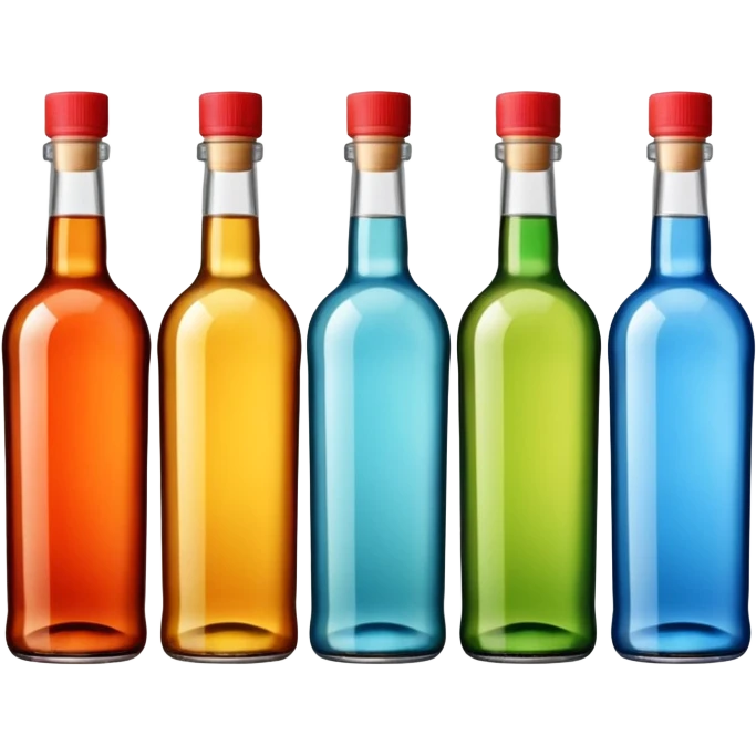 Four bottles of alcohol without labels, each with distinct shapes, arranged neatly in a row. The bottles should vary in color and size, with detailed caps. emoji
