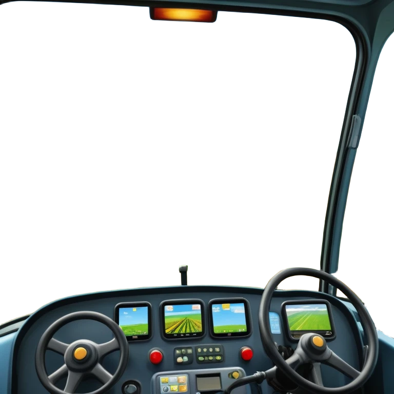 a view from the tractor cabin, with the dashboard in focus, overlooking a vibrant rural landscape. Inspired by Farming Simulator 22, the scene includes fields, crops, and distant barns under a bright sky. The design highlights the immersive experience of farm management. transparent background emoji