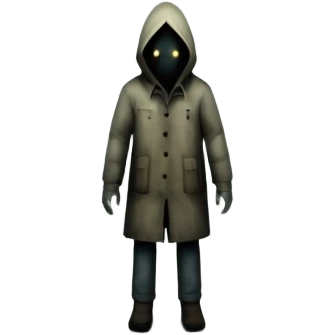 An icon representing a horror game, inspired by Silent Hill 2. The design features a foggy, eerie street with a shadowy figure in the distance. Creepy, dim lighting and dark, abandoned buildings set the tense atmosphere. Transparent background enhances the unsettling mood. emoji