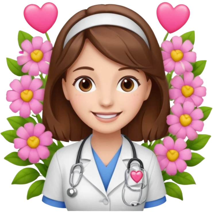 Brown hair Nurse with pink heart and flowers surround her emoji