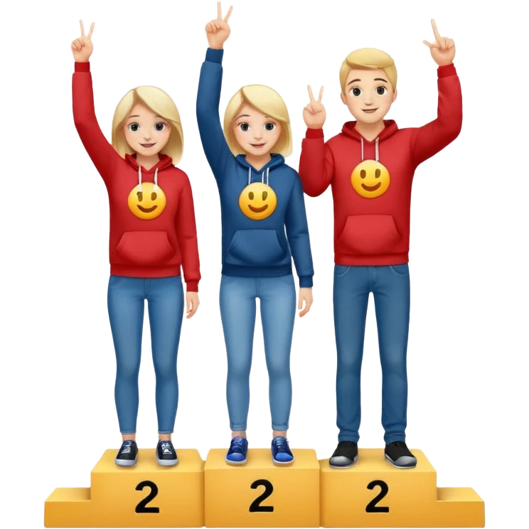 three people in jeans and hoodies on a winners podium labeled 2, 1, 3 left to right, center person on 1 step holding up one finger on each hand, bright cheerful expressive emoji illustration emoji