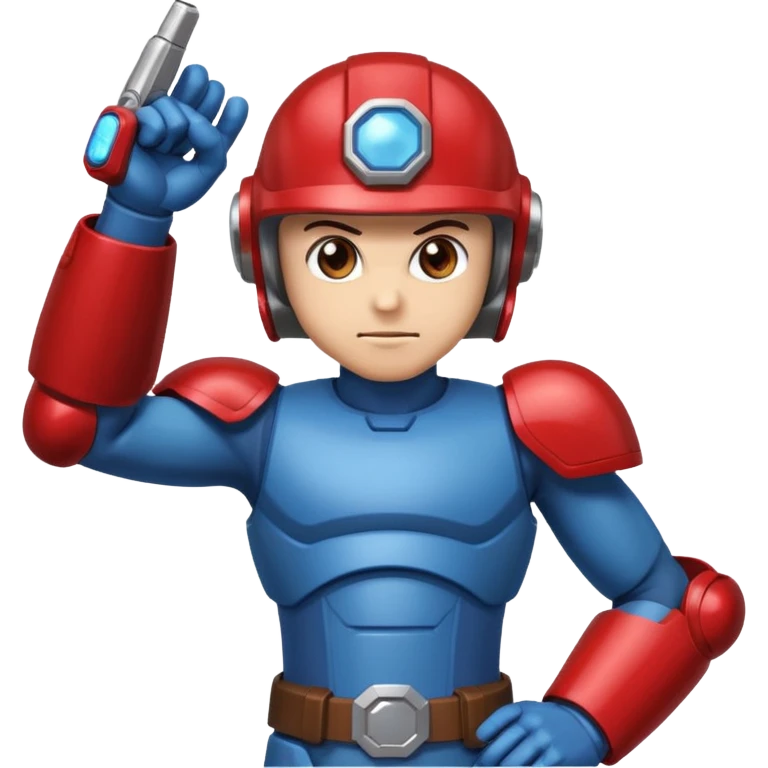 mega man but with the color rootbeer brown shiny like metal with arms for guns and a dark shiney red healmet emoji
