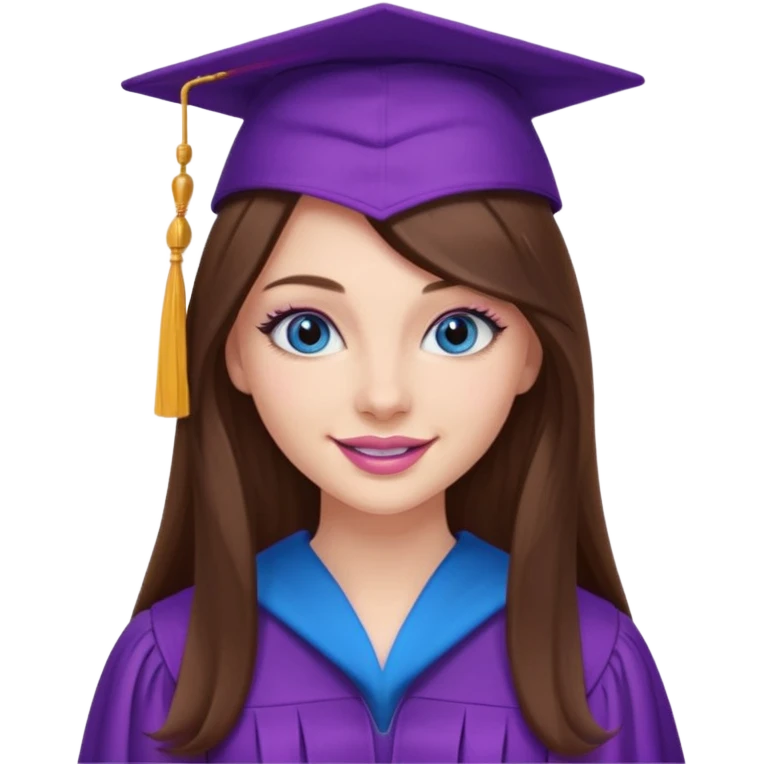 girl with beautiful extremely long brown hair, blue eyes, long lashes makeup, sexy pink lips, wearing a purple graduation cap and gown emoji