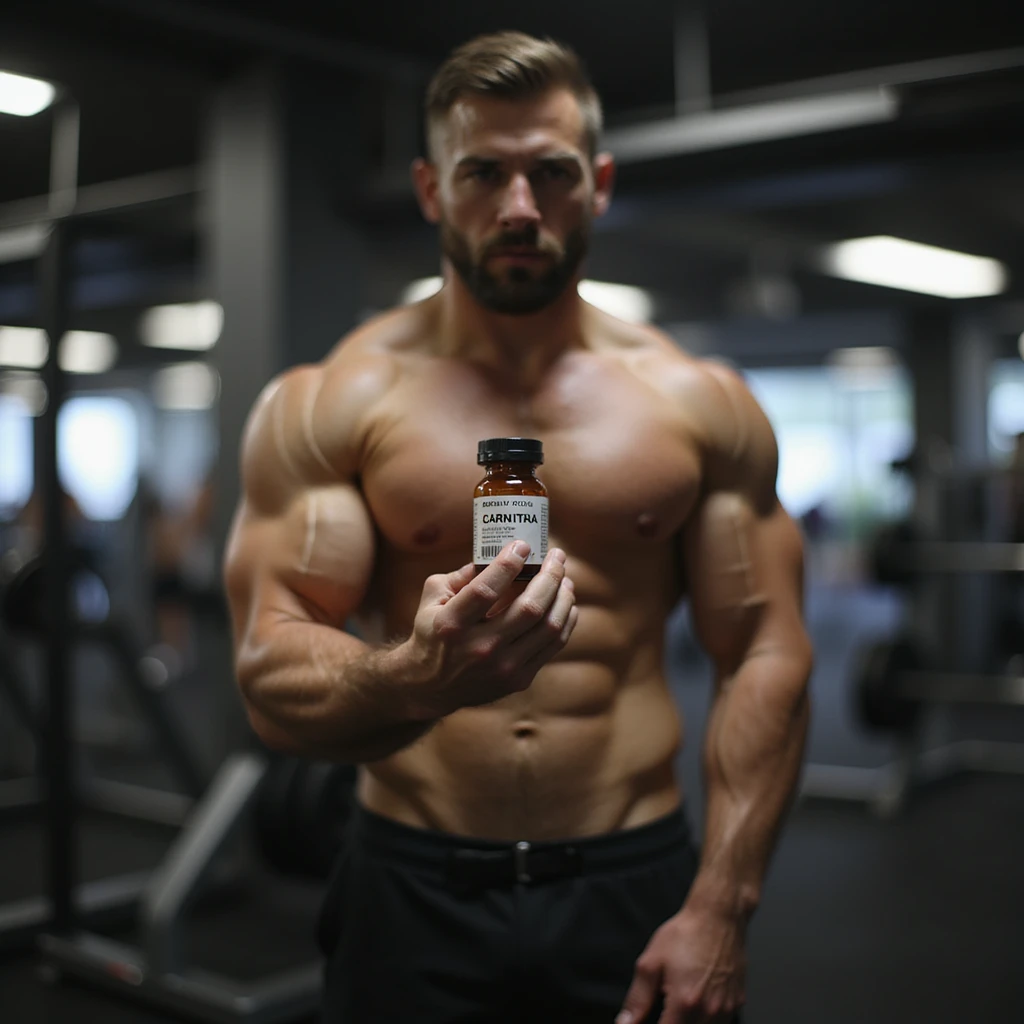 bodybuilder in gym, hyperrealism 4k, holding a vial labeled 'CARNITINA' emoji