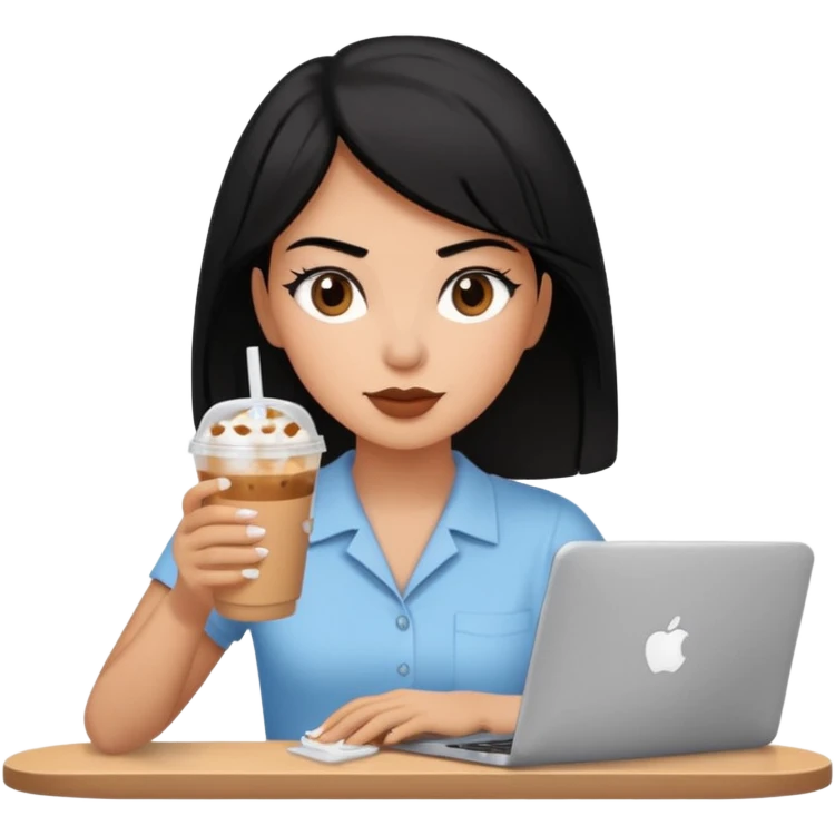 컴퓨터 작업 중 + 아이스 아메리카노(테이크아웃 잔)링거 + 다크서클 + 검은머리 여성 emoji