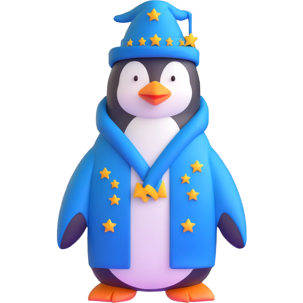 penguin wizard with a blue robe and starry hat emoji