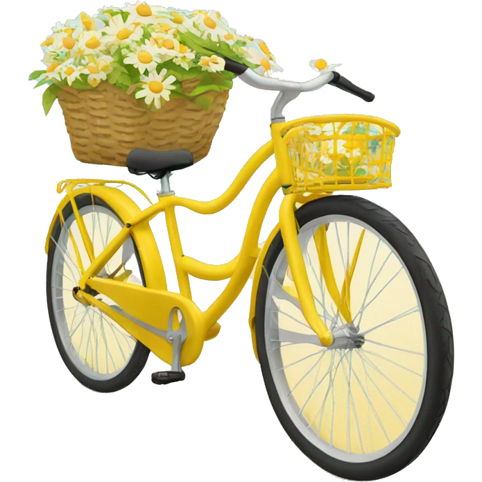 Yellow beach style bicycle with basket full of daisies emoji