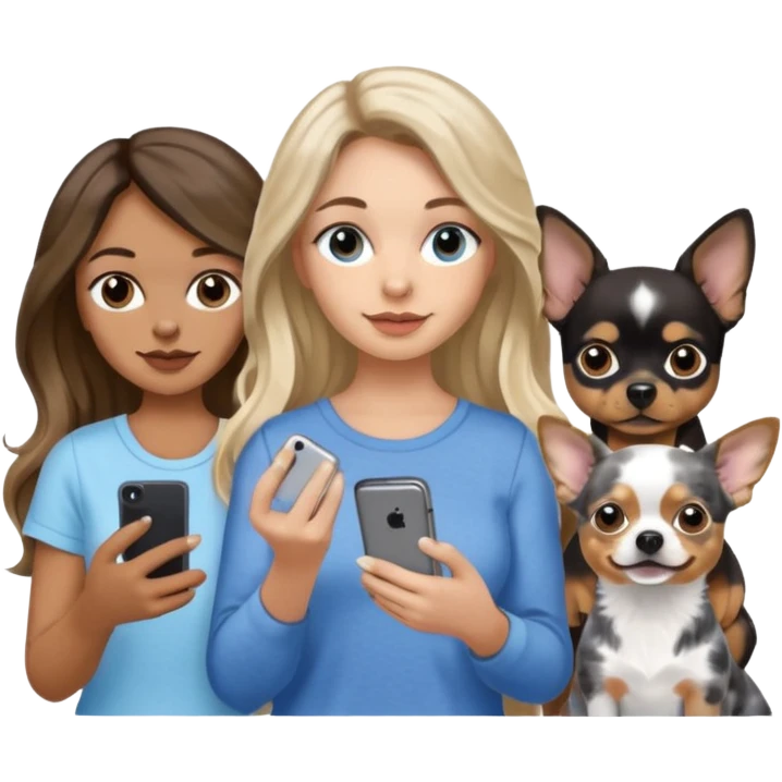 Three women in summer clothes holding iPhone, hazel eyed light skin with dark blonde long hair and Brown eyed,light skin black long wavy hair, blue eyed light skin long blonde hair that have 2 dogs, blue spotted Merle Frenchie and black and tan chihuahua  emoji