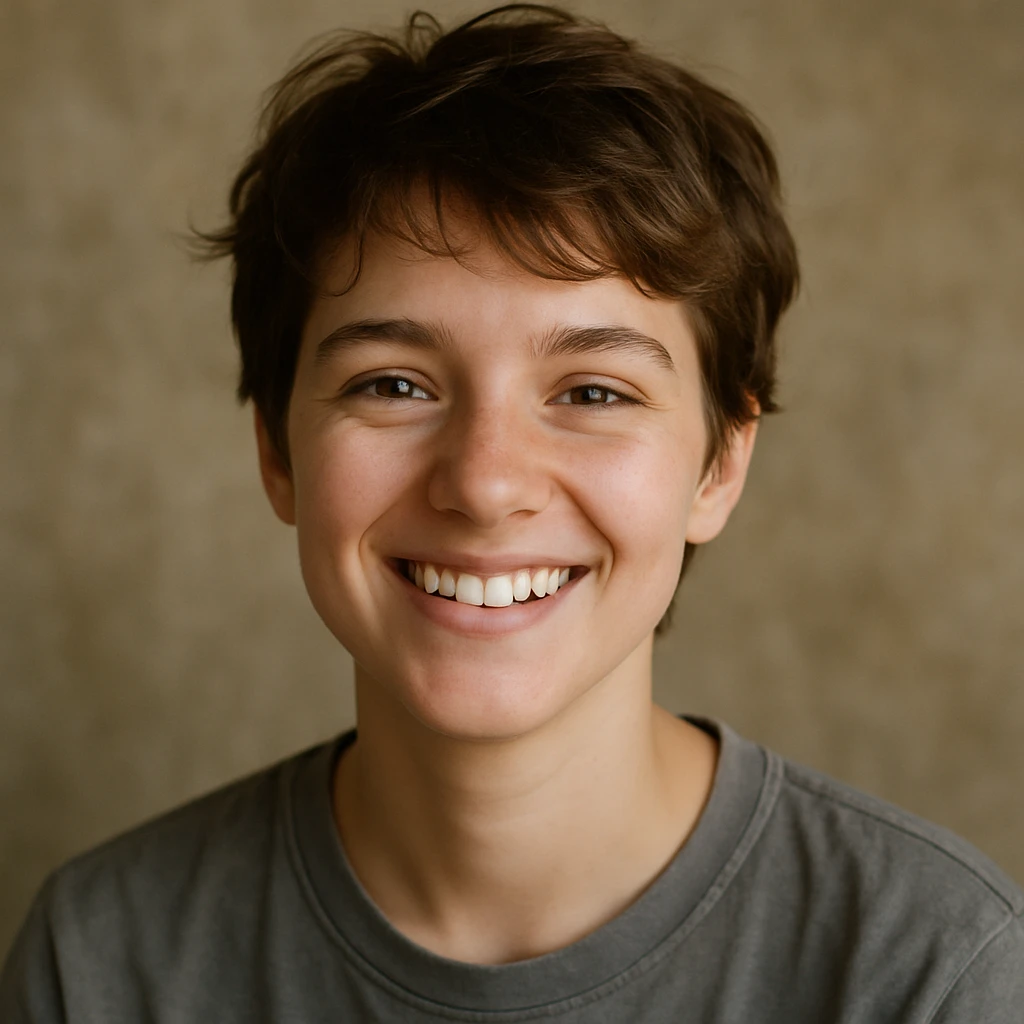 realistic portrait of a young person with short tousled brown hair, light skin, smiling, inspired by the reference image emoji