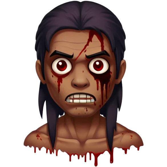 Zumbi de cabelo grande escuro, olhos escuro com mancha de sangue pequena no rosto emoji