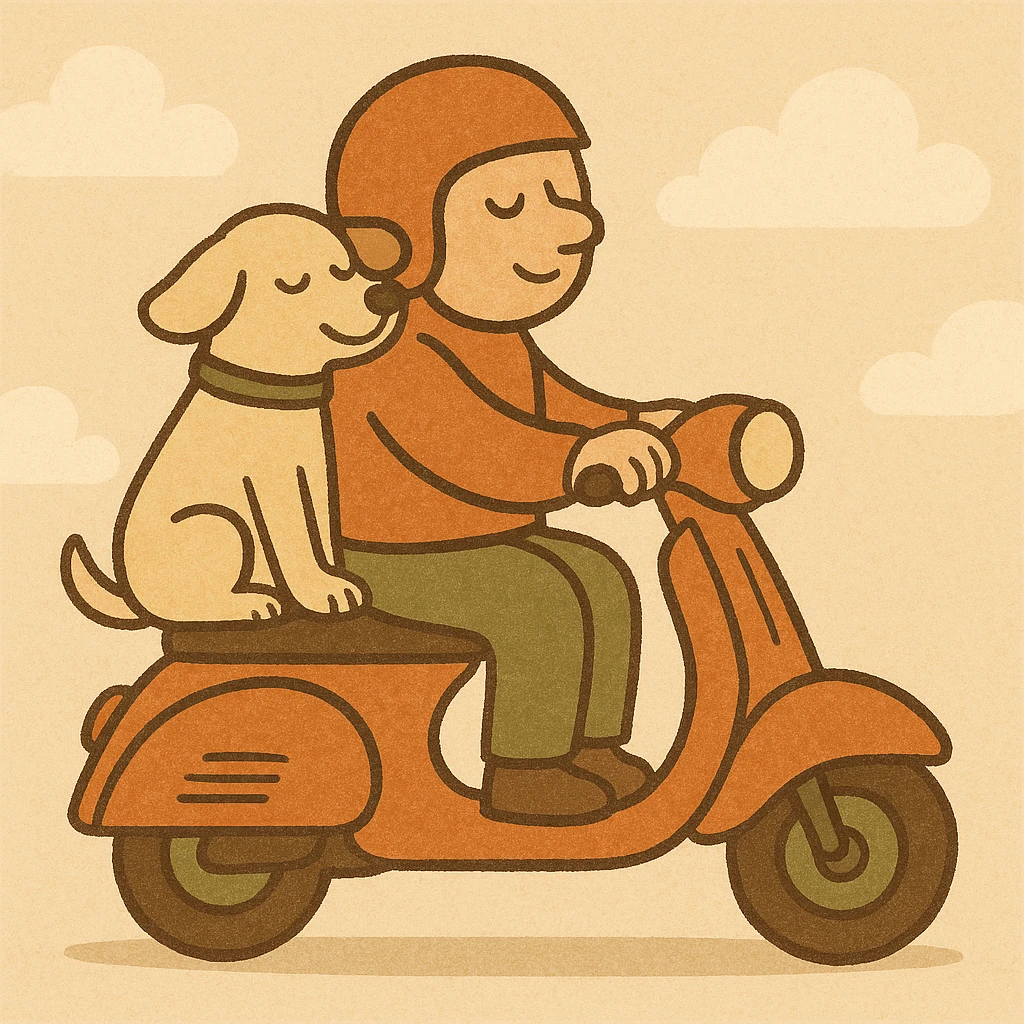 man and his pet dog riding a vespa emoji