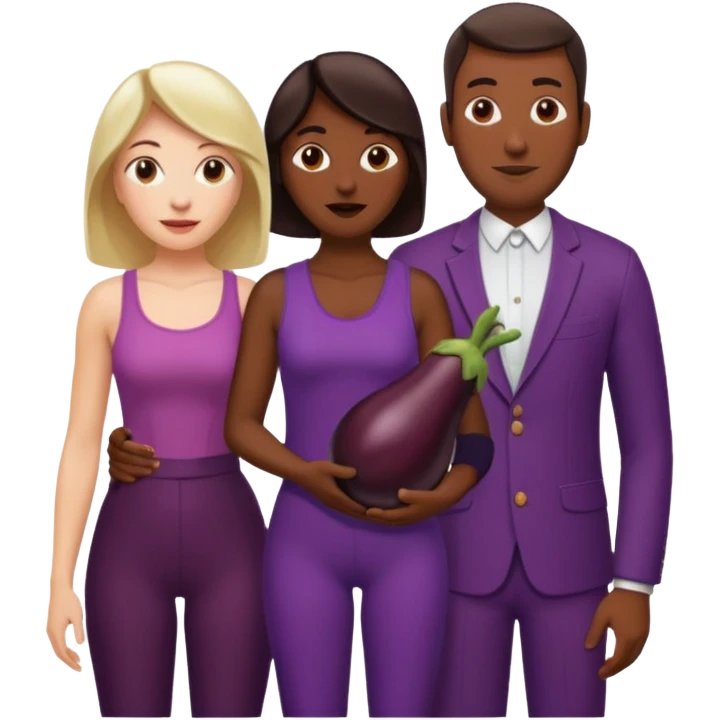 A white woman next to a dark man holding an aubergine in front the mans crotch area emoji
