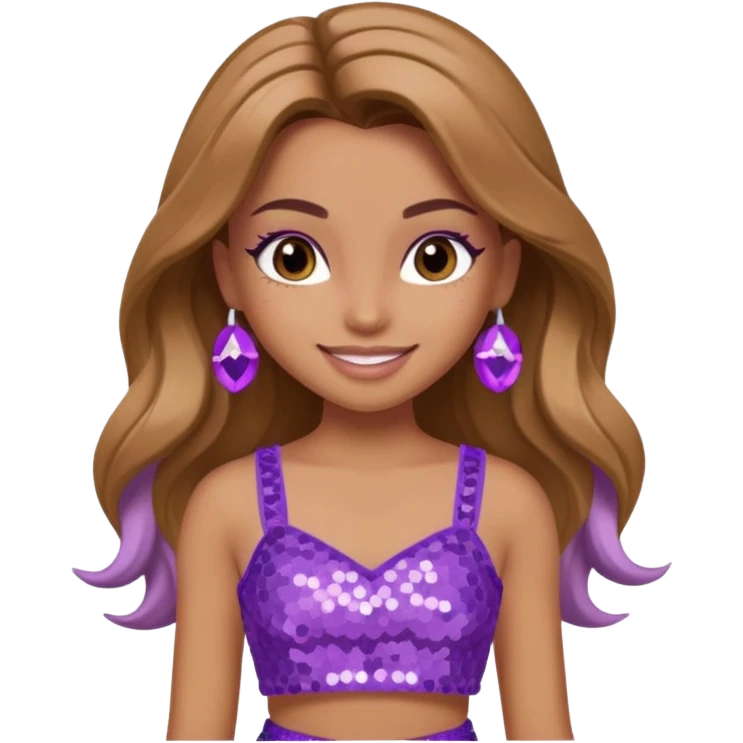 Yasmin from Bratz with long light brown hair, tan skin, brown eyes, lilac sequin crop top emoji