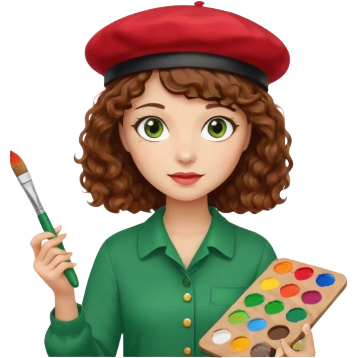 Девушка художник с кистью и палитрой с красками в руках во кудрявые коричневые волосы  стрижка каре Волосы средней длины зеленые глаза белая кожа красная кофта В берете emoji
