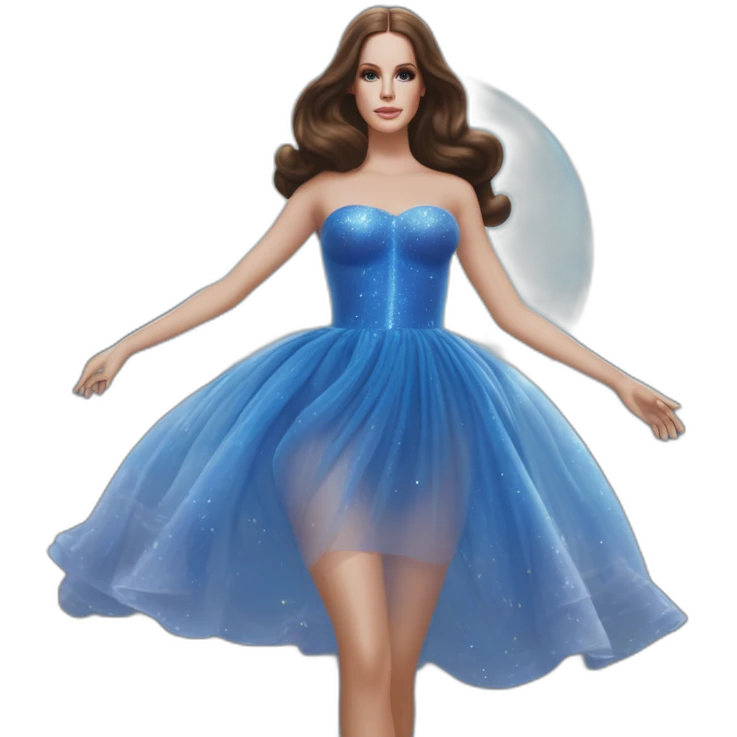 Lana Del Rey casting a spell com um vestido transparente azul cintilante tomara que caia rasgado e transparente tecido fino apertado colado. Há detalhes no bojo que destacam com brilhos. emoji