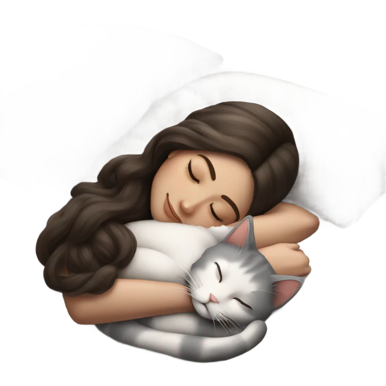 sleeping beauty brunette brown girl with a silk pillow and her white grey cat emoji
