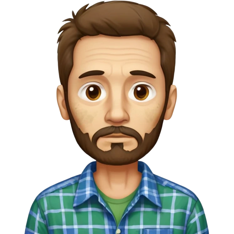 Skinny Hispanic man, 55 years old with light skin. Gaunt face with visible bone structure. Messy, tousled brown hair. Patchy brown beard that needs trimming. Tired eyes. Wearing an oversized green and blue checkered shirt on his thin frame. emoji