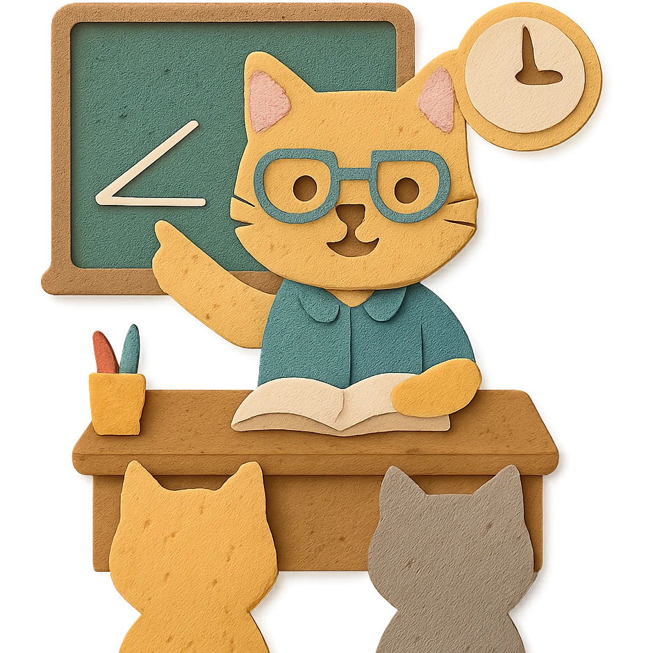 cat teacher sitting at a desk explaining to students, wearing glasses, classroom props visible, cute and charming style, paper craft style emoji