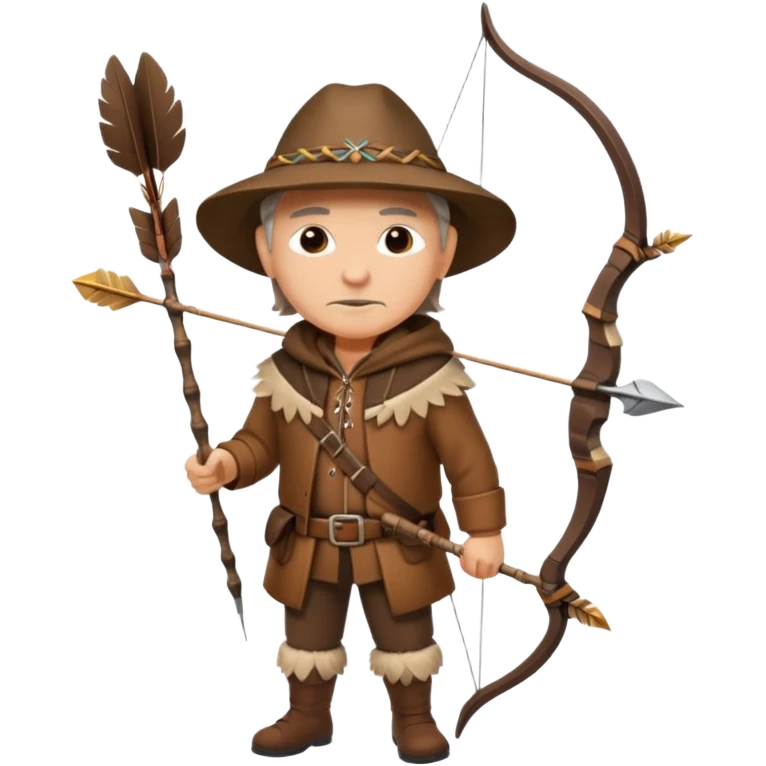 A classic middle-aged hunter, carrying a bow and arrow, dressed in brown clothes, and adorned with decorations made of feathers or bone teeth
 emoji
