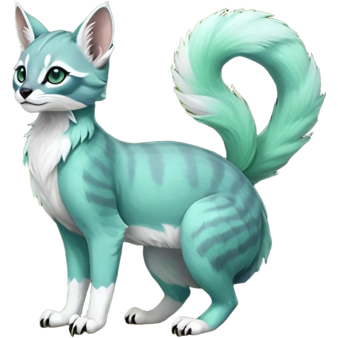 Colorful dark tropical pale light jade-green, mint-blue, whitish pastel white glorious divine exotic cute cool beautiful shiny beautiful fantasy-caracal-civet-genet-sergal-vernid-Gryphon-Cacomistle-Trico-oncilla-animal-Fakémon-hybrid-fursona (full body) emoji