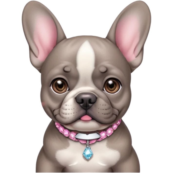 Gray French bulldog puppy, with one slightly darker color ear, with a pink and with realistic diamond collar emoji