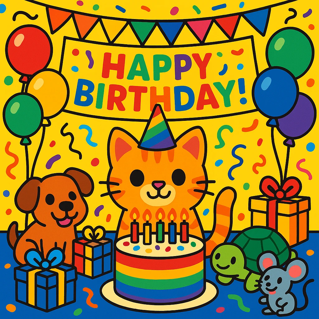 vibrant-toon style birthday party scene with a rainbow color theme including rainbow balloons, multicolored decorations, confetti, a large rainbow birthday cake, gifts, and a festive atmosphere. Main character is a ginger tabby kitten wearing a birthday hat, surrounded by a puppy, turtle, and mouse also celebrating. Prominent 'Happy Birthday!' message included in the scene. emoji