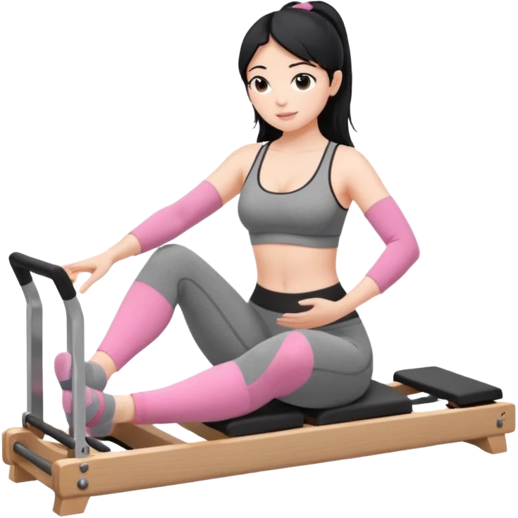 Create a Pilates emoji: a girl with fair skin and black hair, wearing a grey bra and grey leggings with pink pilates socks, doing sitted stomach massage on a wooden reformer. Make it look at the reformer. Make the colors neutrals. emoji