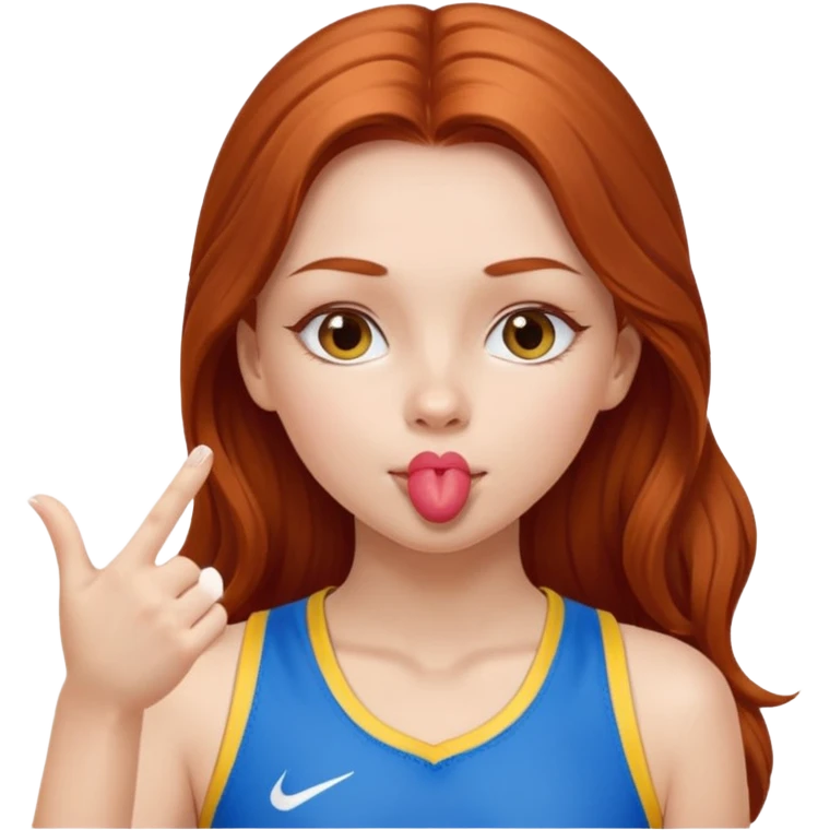 A cute ukrainian girl, with long auburn hair, playing sports, she's blowing a kiss. emoji