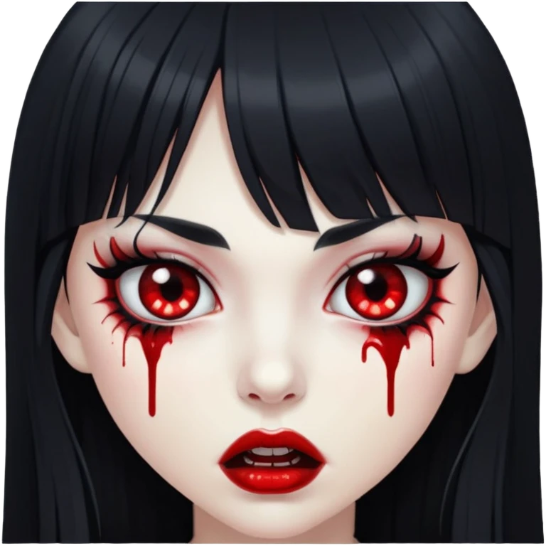 Vampire girl white skin black long hair with bangs, eyeliner, big lashes, blood on mouth emoji