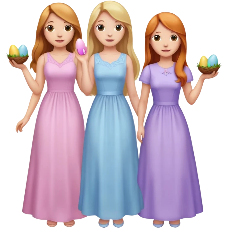 three lady friends celebrating Easter, blonde long hair and alight pink dress, brunette long hair light purple dress and ginger hair light blue dress emoji