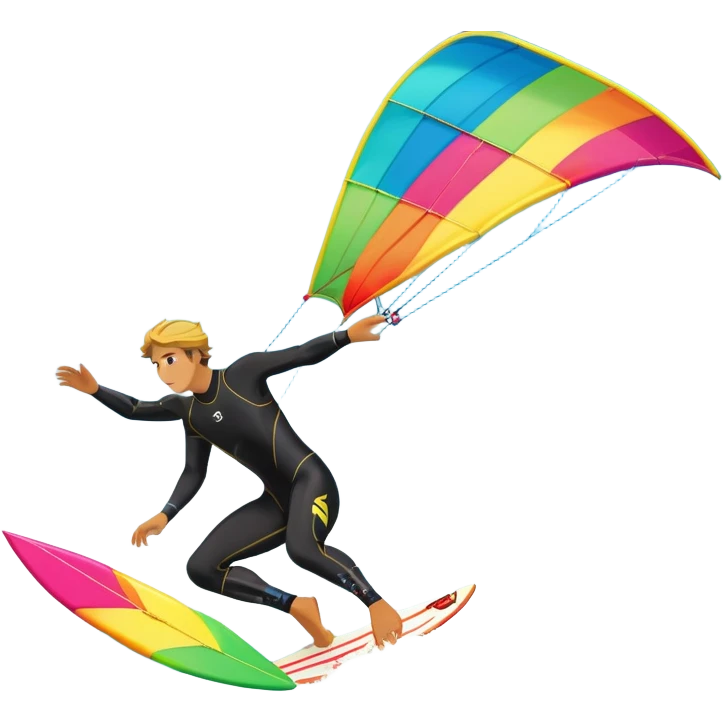 A kite surfer gliding across the ocean, with a colorful kite soaring high in the sky and the surfer carving through the waves. The scene captures the energy and freedom of the sport, with the sun shining and the ocean's waves splashing around. emoji