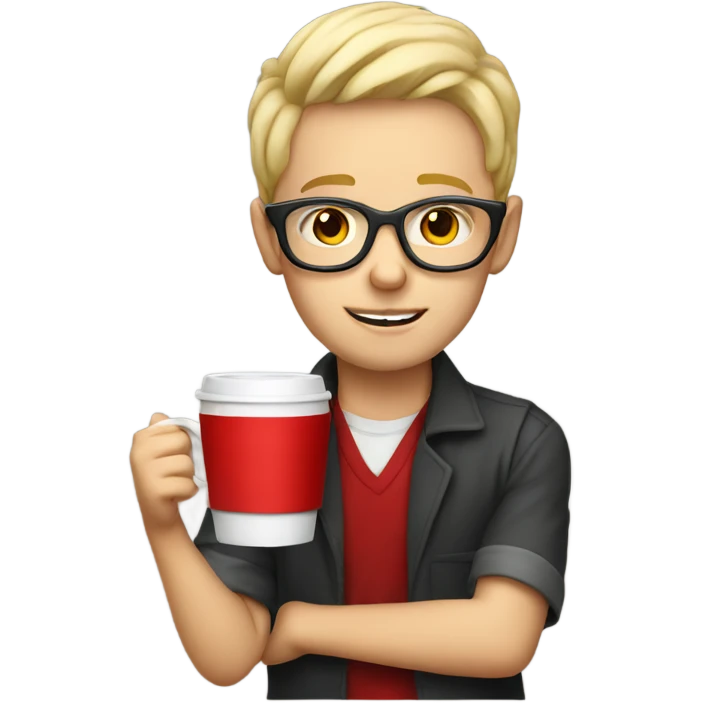blonde boy with red glasses holding a cup of coffee emoji