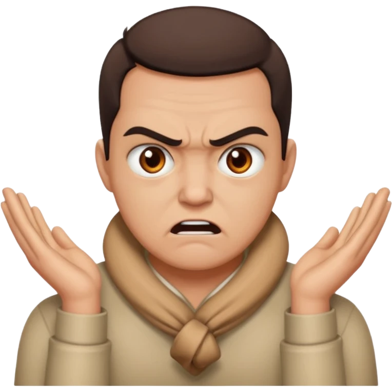 a bust of a person with both their hands around their neck with a angry face emoji